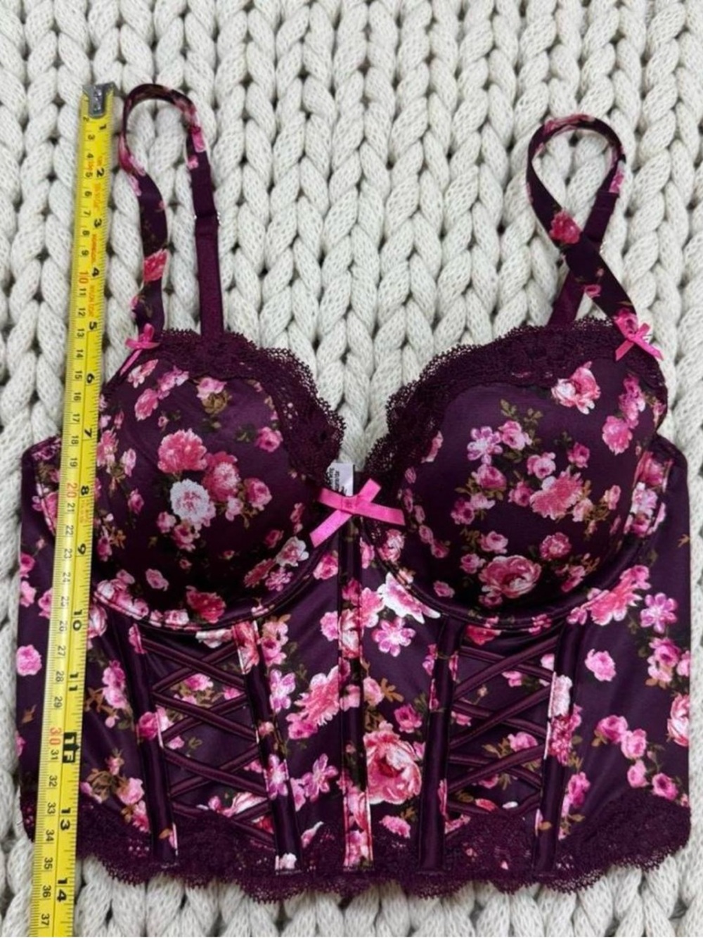 NWT Victoria’s Secret Dream Angels Burgundy Floral Lace Up Corset Bra Top Sz 32C - Picture 5 of 8